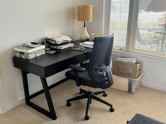 office area with light carpet and baseboards