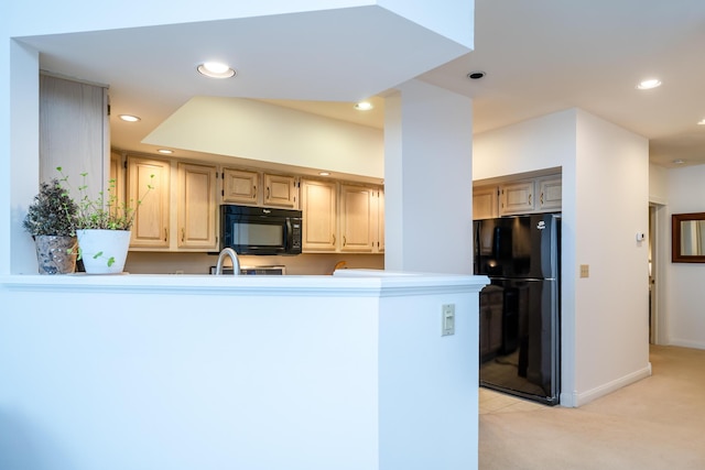 kitchen with recessed lighting, light colored carpet, light countertops, a peninsula, and black appliances