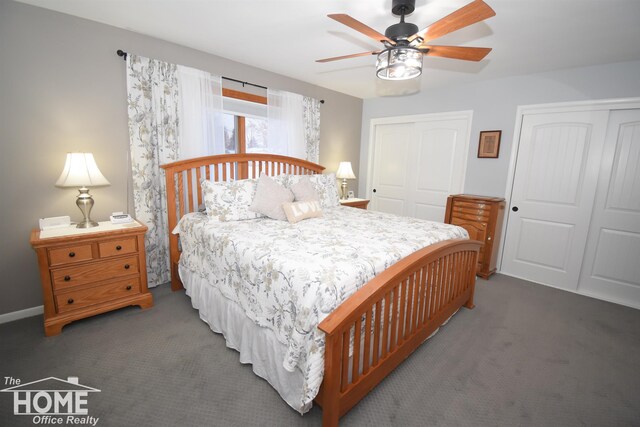 carpeted bedroom featuring ceiling fan