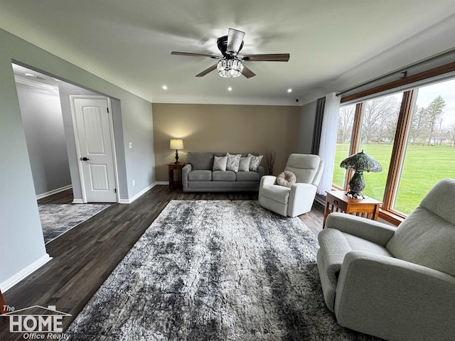 200 Elmwood Dr, Corunna, MI 48817 - living area featuring recessed lighting, baseboards, a ceiling fan, and dark wood-style floors