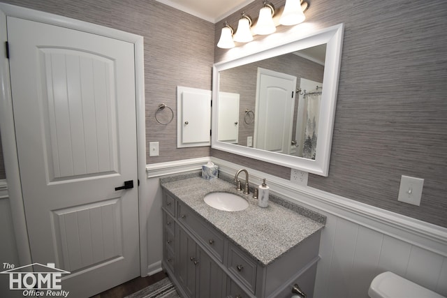 200 Elmwood Dr, Corunna, MI 48817 - bathroom with a decorative wall, toilet, a wainscoted wall, and vanity