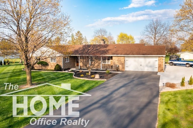 200 Elmwood Dr, Corunna, MI 48817 - ranch-style house with brick siding, a garage, a front lawn, and aphalt driveway
