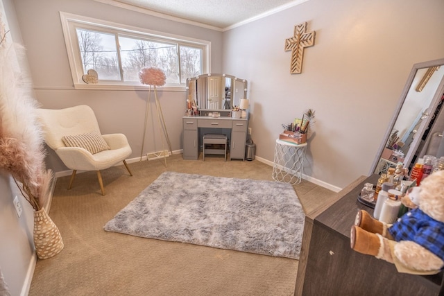 living area with light colored carpet and ornamental molding