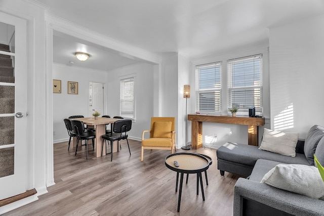 living room with hardwood / wood-style flooring and ornamental molding