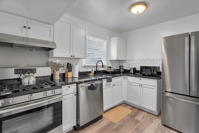 kitchen featuring white cabinets, light hardwood / wood-style flooring, tasteful backsplash, and stainless steel appliances