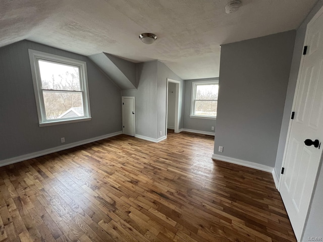 additional living space featuring a textured ceiling, lofted ceiling, and dark hardwood / wood-style flooring