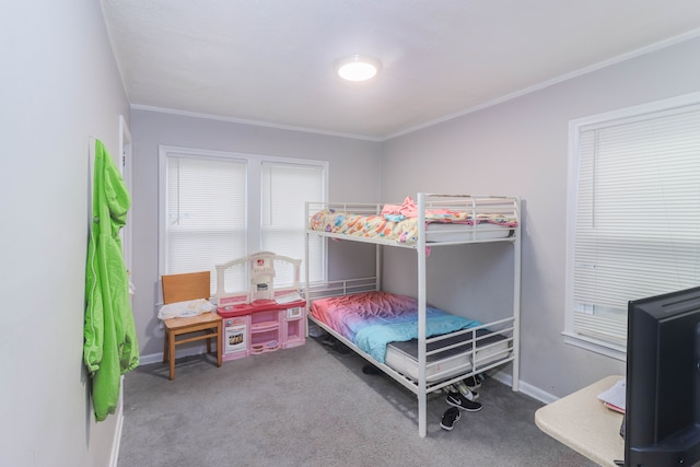 carpeted bedroom featuring ornamental molding