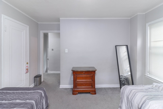 carpeted bedroom with crown molding