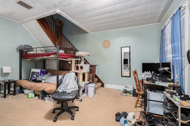 bedroom featuring carpet floors and lofted ceiling