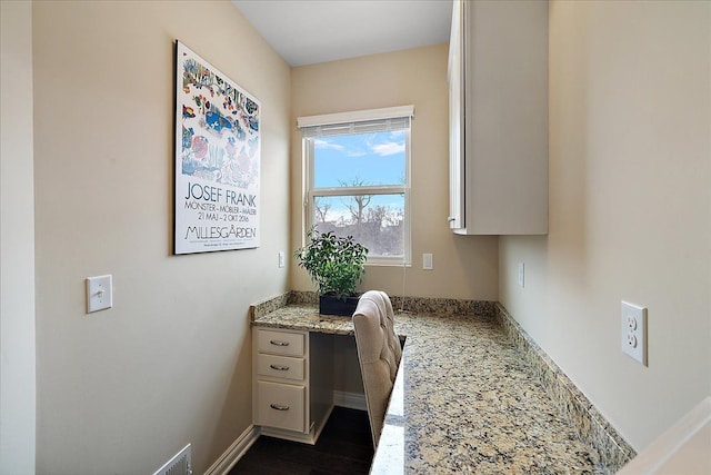 home office with dark hardwood / wood-style floors and built in desk