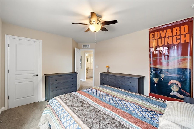 carpeted bedroom featuring ceiling fan