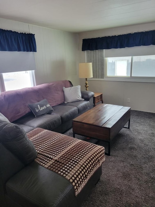 living room with a wealth of natural light and dark carpet