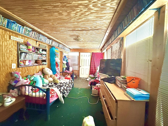 interior space featuring wooden walls and wooden ceiling