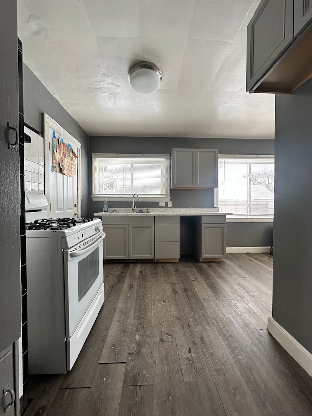 kitchen featuring gray cabinetry, sink, dark hardwood / wood-style floors, and white gas range oven