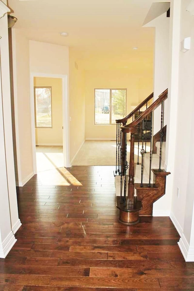 hallway with dark hardwood / wood-style flooring