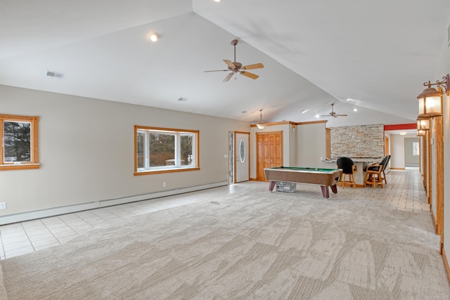 playroom with vaulted ceiling, ceiling fan, a baseboard heating unit, light colored carpet, and billiards