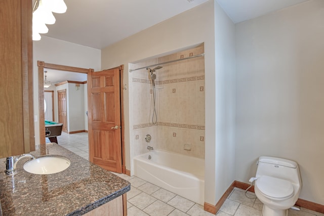 full bathroom featuring toilet, tiled shower / bath combo, pool table, tile patterned floors, and vanity