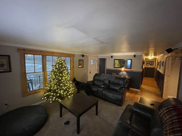 living room with ornamental molding