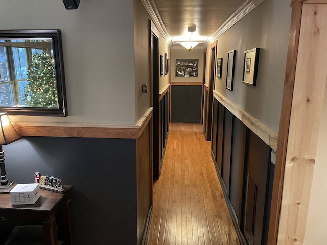 corridor featuring wainscoting, light wood-style flooring, and crown molding