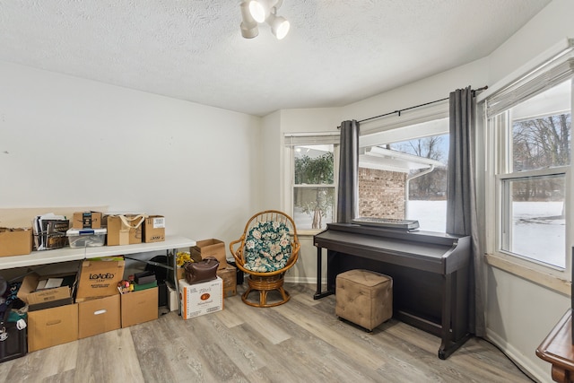 miscellaneous room featuring light hardwood / wood-style floors and a textured ceiling