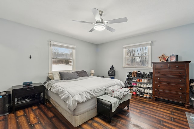 bedroom with ceiling fan, dark hardwood / wood-style flooring, and multiple windows