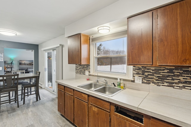 kitchen featuring tasteful backsplash, sink, and light hardwood / wood-style flooring