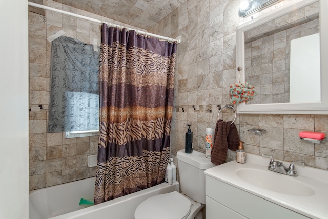 full bathroom with toilet, shower / tub combo, tile walls, vanity, and backsplash