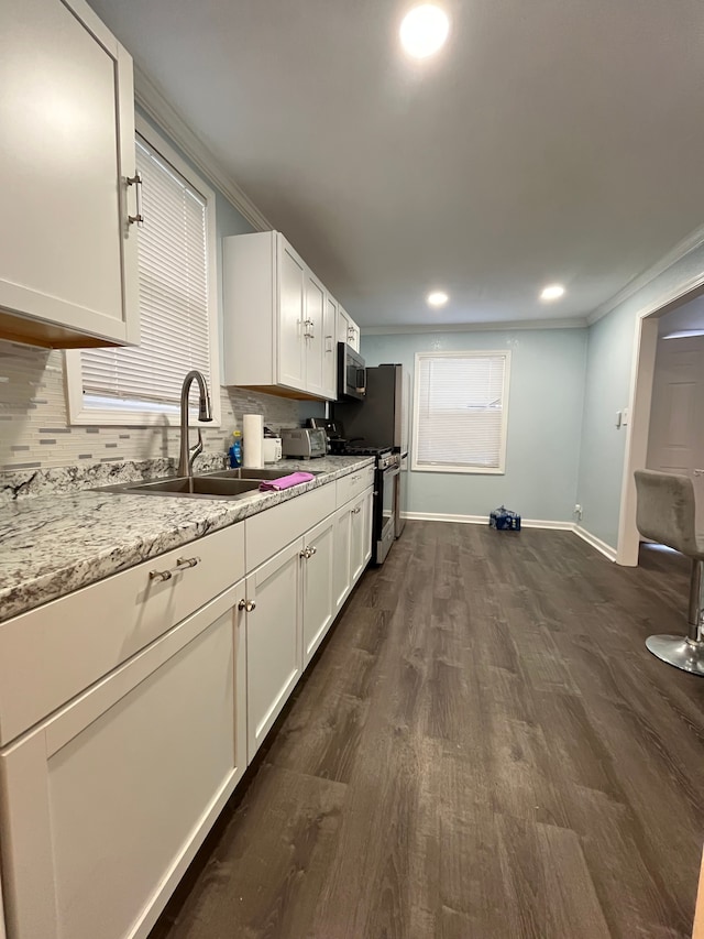 kitchen with sink, white cabinetry, stainless steel appliances, dark hardwood / wood-style floors, and light stone counters