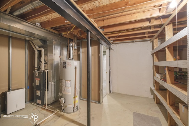 basement featuring heating unit and water heater