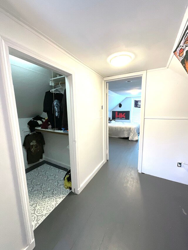 hall featuring lofted ceiling and dark wood-type flooring