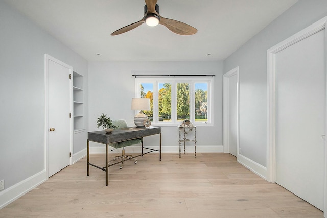 office space featuring light wood-type flooring and ceiling fan