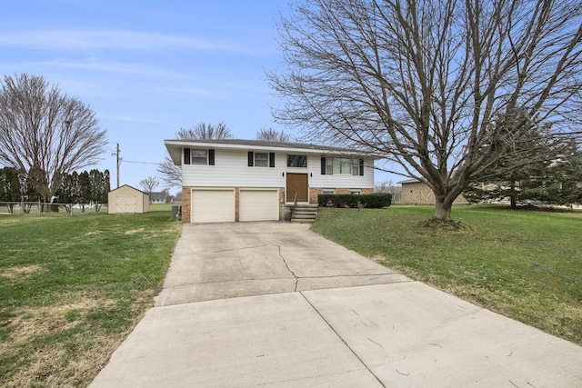 raised ranch with a storage unit, a garage, and a front lawn