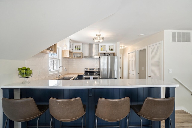 kitchen with a kitchen bar, sink, kitchen peninsula, stainless steel appliances, and wall chimney exhaust hood