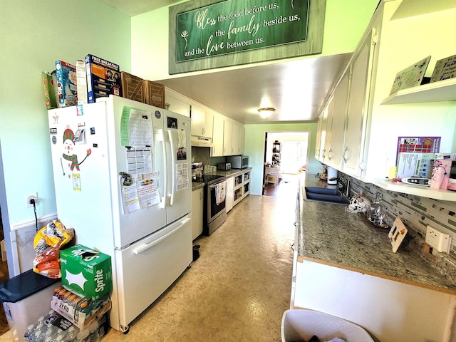 7412 N Webster Rd, Mount Morris, MI 48458 - kitchen with stainless steel appliances, under cabinet range hood, white cabinets, finished concrete flooring, and a sink