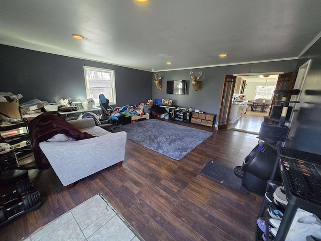 7412 N Webster Rd, Mount Morris, MI 48458 - living area featuring recessed lighting, wood finished floors, and crown molding