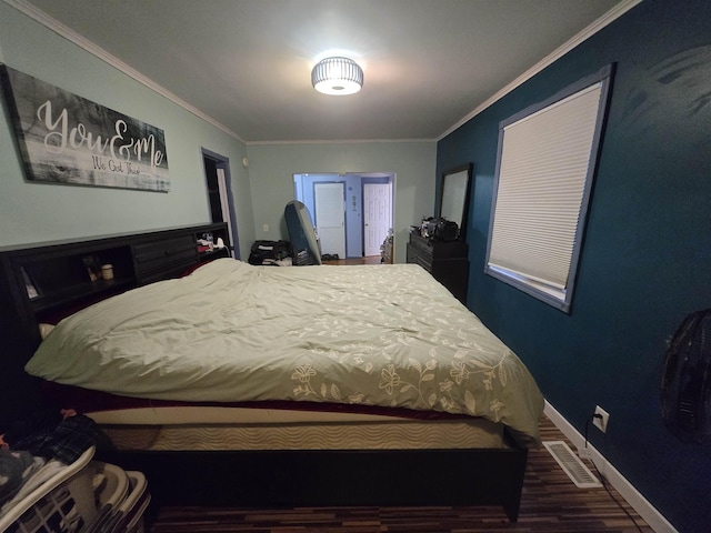 7412 N Webster Rd, Mount Morris, MI 48458 - bedroom with baseboards, visible vents, ornamental molding, and dark wood-style flooring