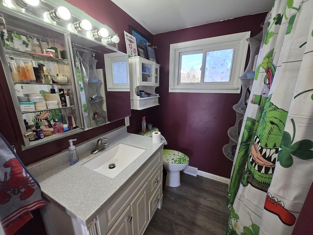 7412 N Webster Rd, Mount Morris, MI 48458 - bathroom featuring a shower with curtain, vanity, toilet, baseboards, and wood finished floors