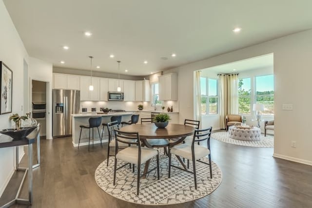 dining space with dark hardwood / wood-style floors