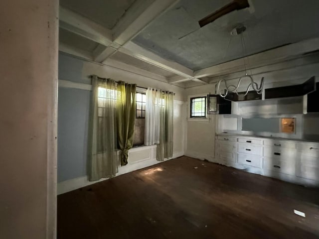 interior space featuring dark hardwood / wood-style floors, white cabinets, coffered ceiling, and beamed ceiling