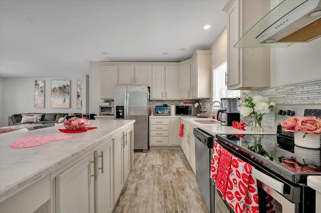 kitchen with sink, light hardwood / wood-style flooring, premium range hood, stainless steel appliances, and decorative backsplash