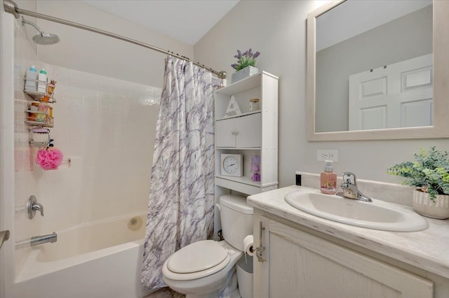 full bathroom with toilet, vanity, and shower / bathtub combination with curtain