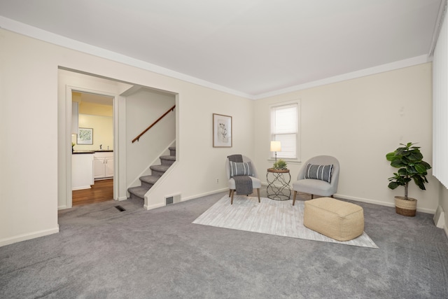 living area featuring ornamental molding and carpet floors