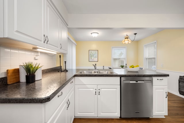 kitchen with sink, dishwasher, backsplash, white cabinets, and kitchen peninsula