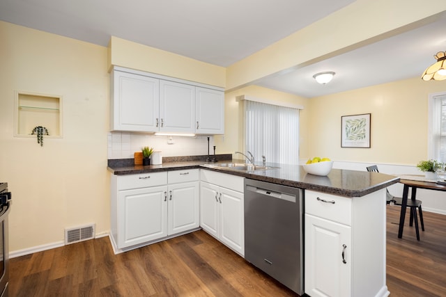 kitchen with sink, white cabinetry, dark hardwood / wood-style floors, dishwasher, and kitchen peninsula