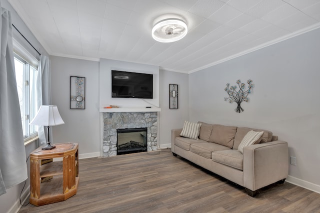 living room featuring a fireplace, hardwood / wood-style flooring, and ornamental molding