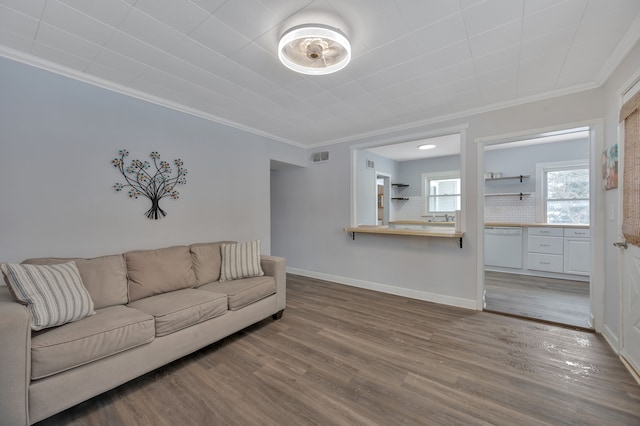 living room with wood-type flooring and ornamental molding