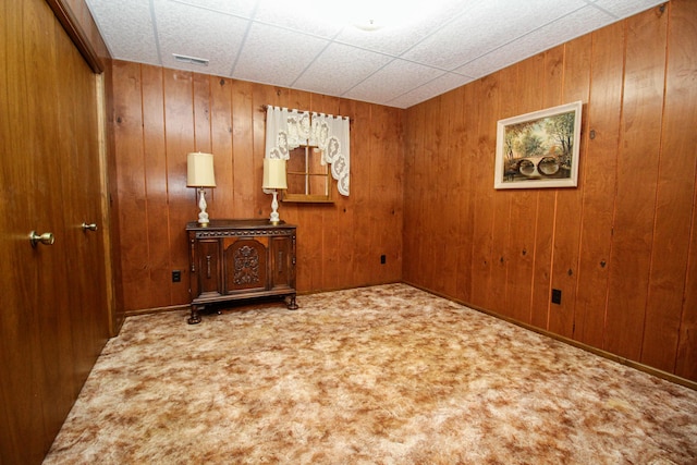 unfurnished room with wooden walls and carpet floors