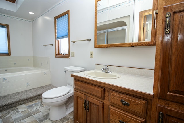 bathroom featuring vanity, toilet, and a bath