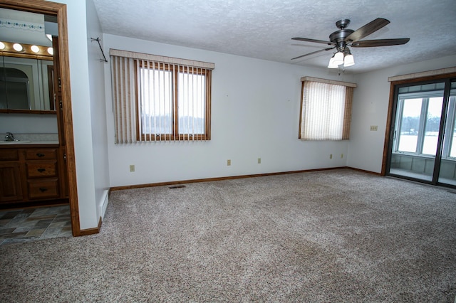 carpeted spare room featuring sink, a healthy amount of sunlight, a textured ceiling, and ceiling fan