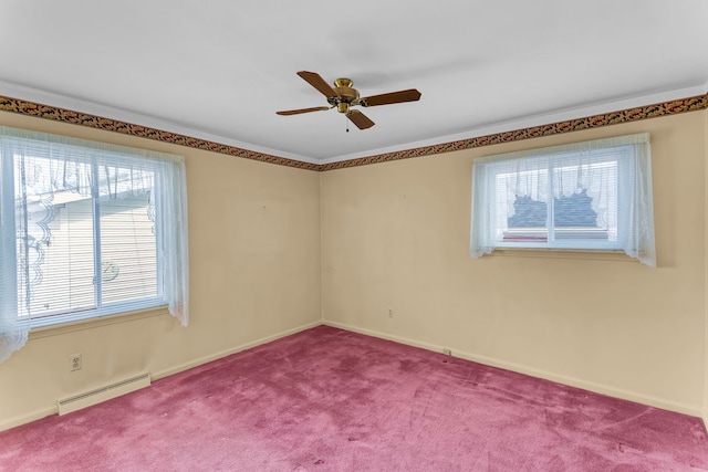 empty room featuring a baseboard radiator, carpet flooring, a ceiling fan, and baseboards